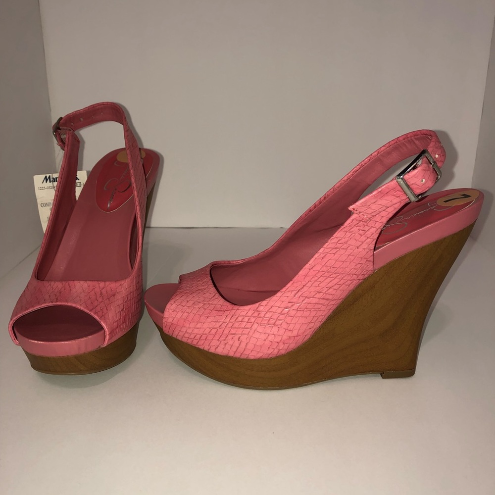 Jessica Simpson Genette Wedge Sling Sandals Pink Faux Snakeskin Size 7M